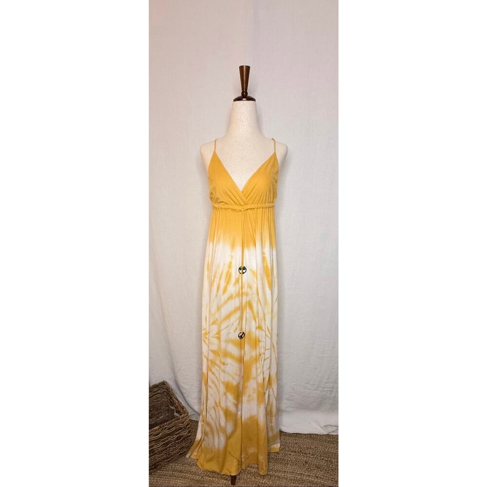 Gypsy 05 Yellow Boho Tie Dye Maxi VNeck Sundress Spaghetti Strap Empire Waist 
S